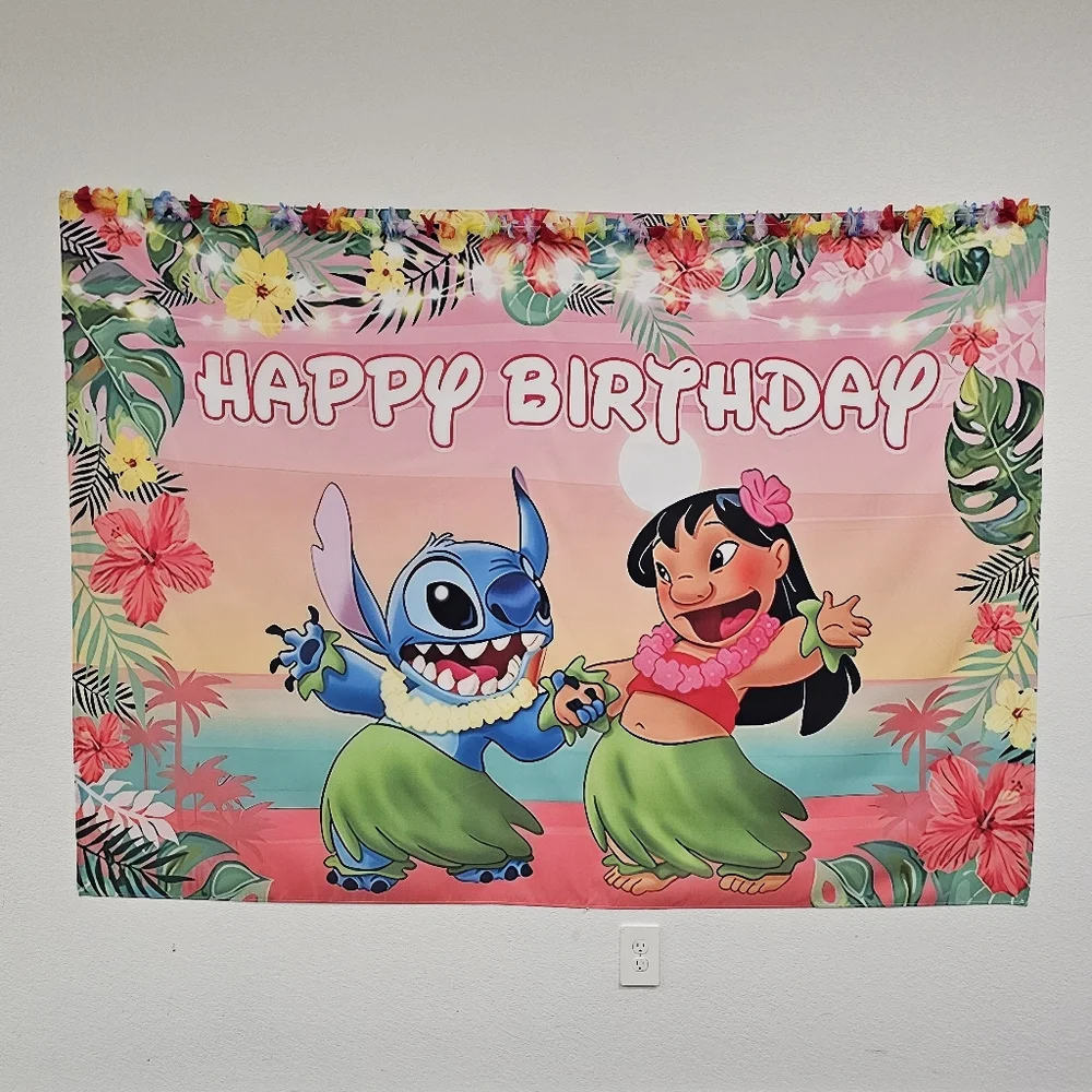 Lilo & Stitch Birthday Banner With Flower Lei Garland